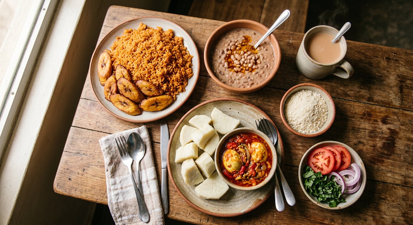 Delicious Nigerian meals: jollof rice, beans porridge, plantain and eggs